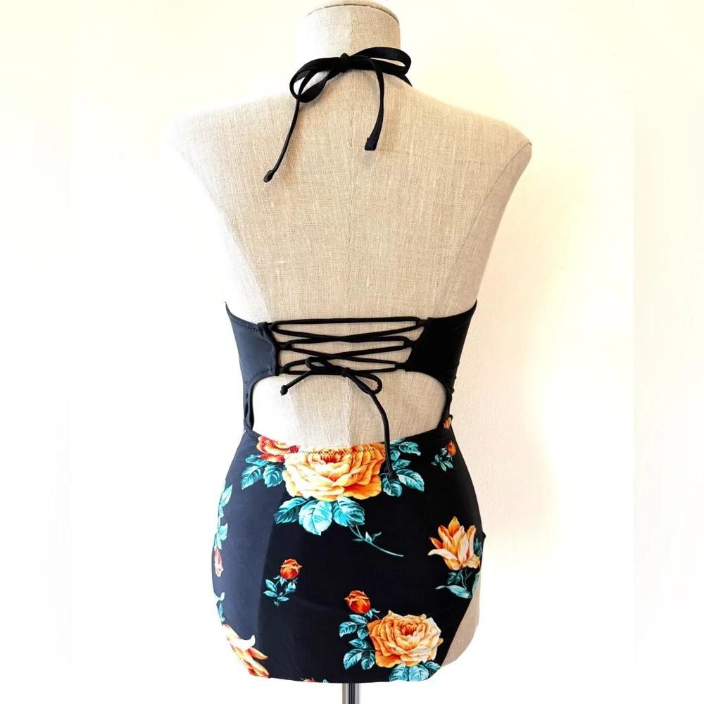 Cupshe Black Floral Print Halter Lace-Up Tummy Control One Piece Swimsuit - Picture 3 of 16